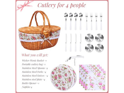 سلة نزهة من الخيزران مع طاولة شبكية صغيرة مملوءة بسلال هدايا للحرف اليدوية لطيفة