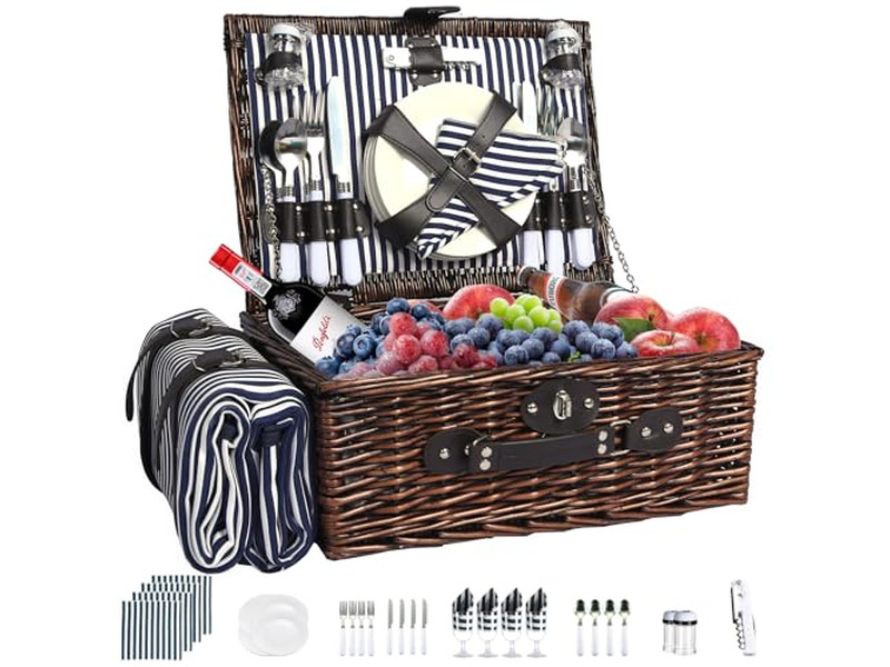 سلة نزهة على شكل حقيبة عتيقة مع شحن قابل للإزالة بأحذية حمراء من الخيزران