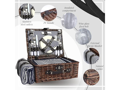 سلة نزهة على شكل حقيبة عتيقة مع شحن قابل للإزالة بأحذية حمراء من الخيزران